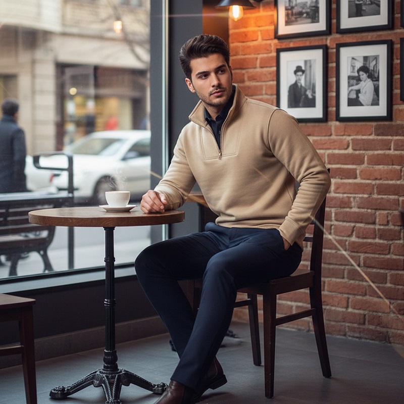 پکیج دورس مردانه نیم زیپ مدل Behbod-کرم  پیراهن مردانه مشکی VQ